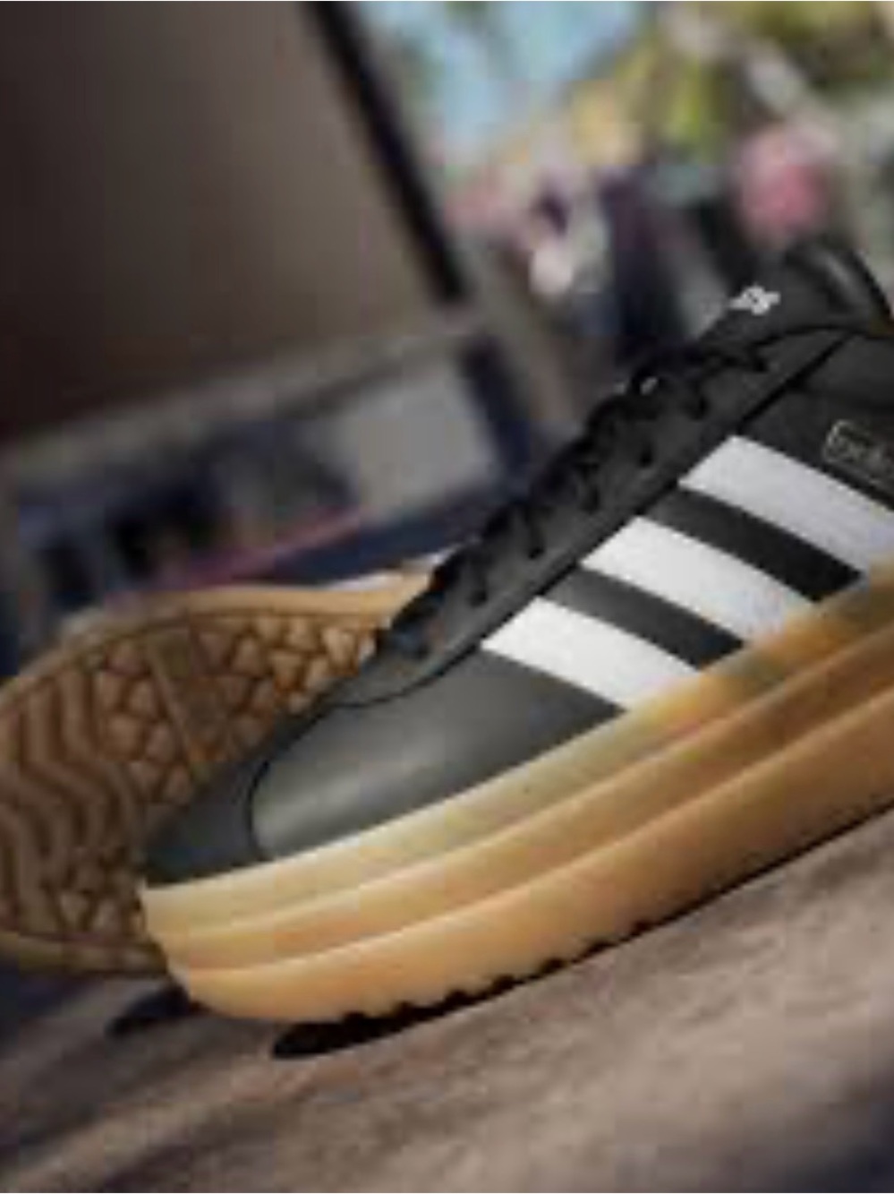 adidas VL Court Black Leather Sneaker with White Stripes and Gum Platform